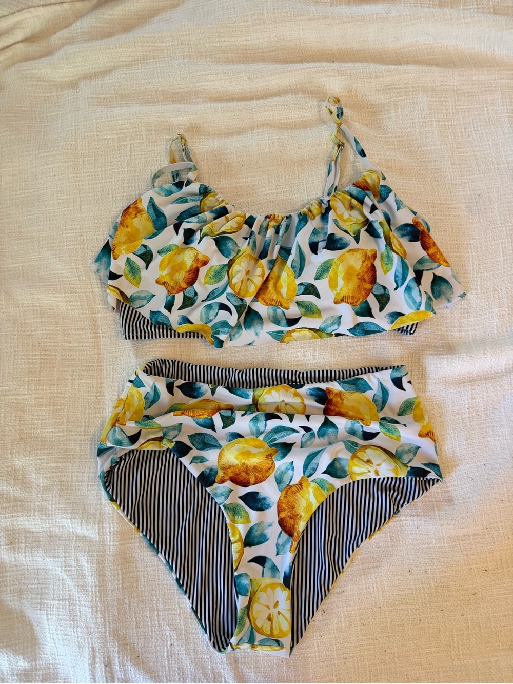 Lemon Print Two-Piece High-Waist Bikini- bottoms reversible -XL